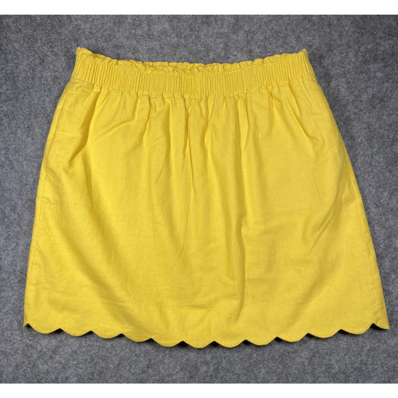 J Crew Skirt Womens 14 Yellow Scalloped Hem Pull On Linen Blend Summer Pockets - Picture 1 of 11
